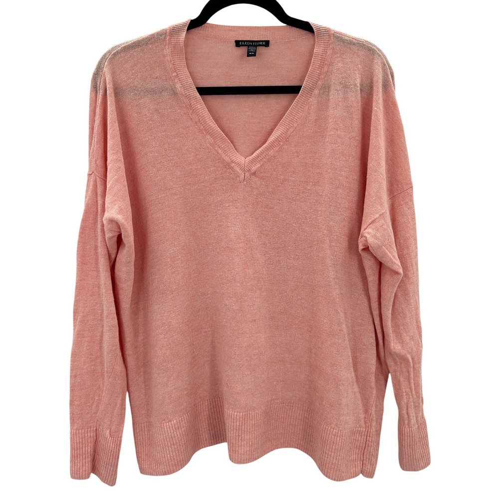 Eileen Fisher Coral Pink Organic Linen V-Neck Knit Sweater‎ Lightweight M